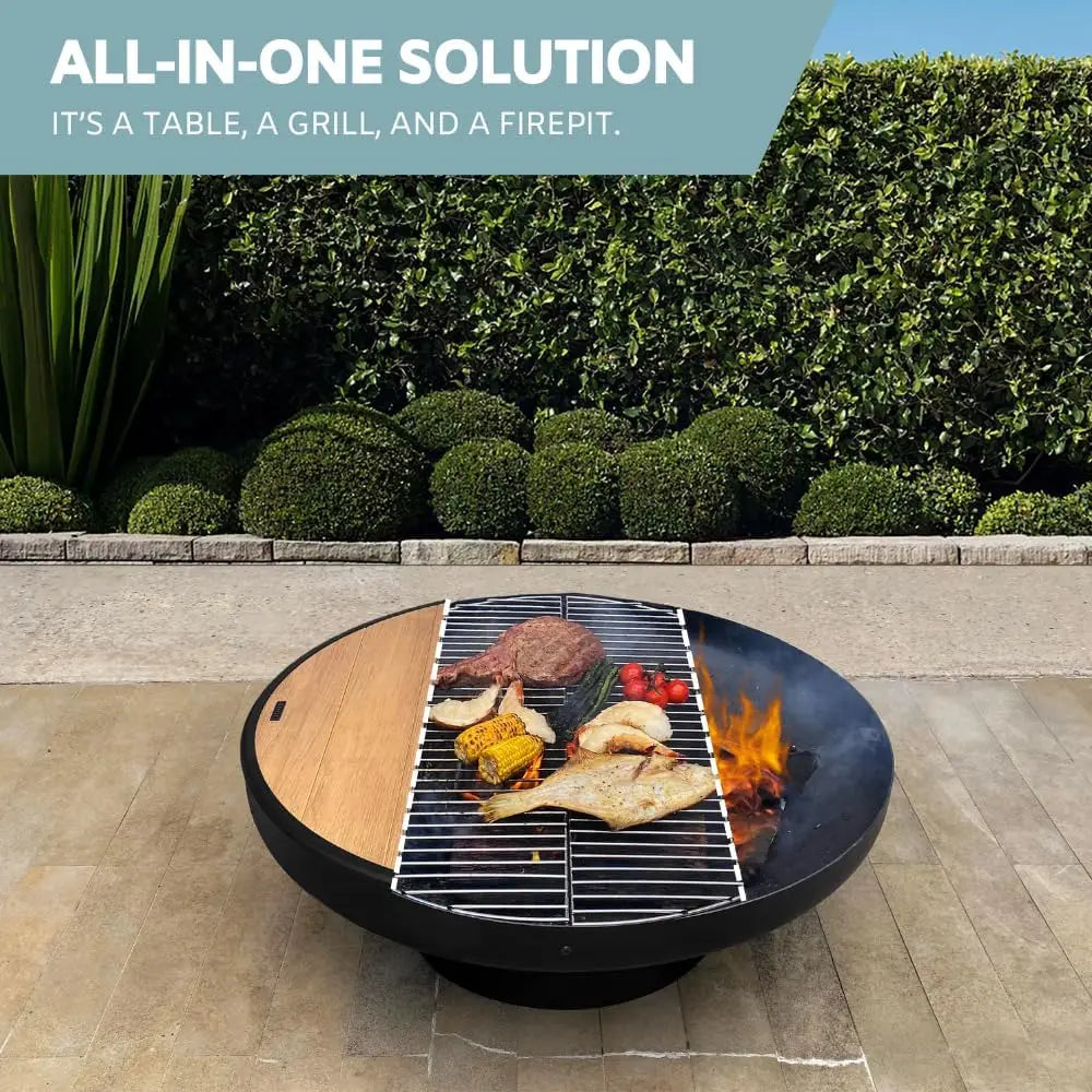 Cast Iron Fire Pit Table with Integrated Grill, Deep Bowl, and Weather-Resistant Finish