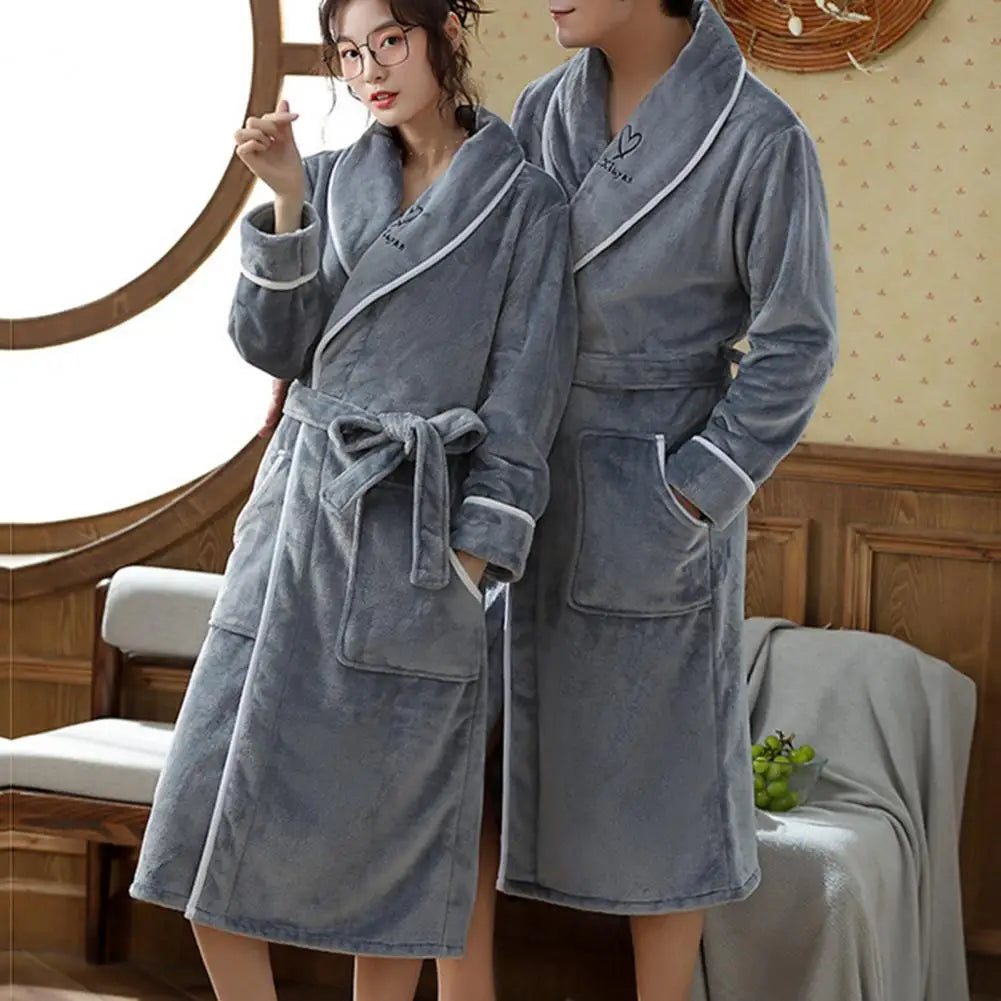 Autumn Winter Men Home Pajamas Super Soft Solid Color Pocket Design Couple Bathrobe Cozy Highly Absorbent Unisex Sleepwear