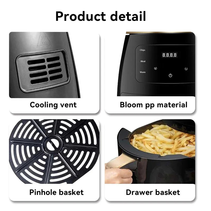 Multifunction 1400W Air Fryer 4.5L Oil Free Health Cooker Touch LCD Display No-Stick Pan Fry Bake Heating Roast Kitchen Machine