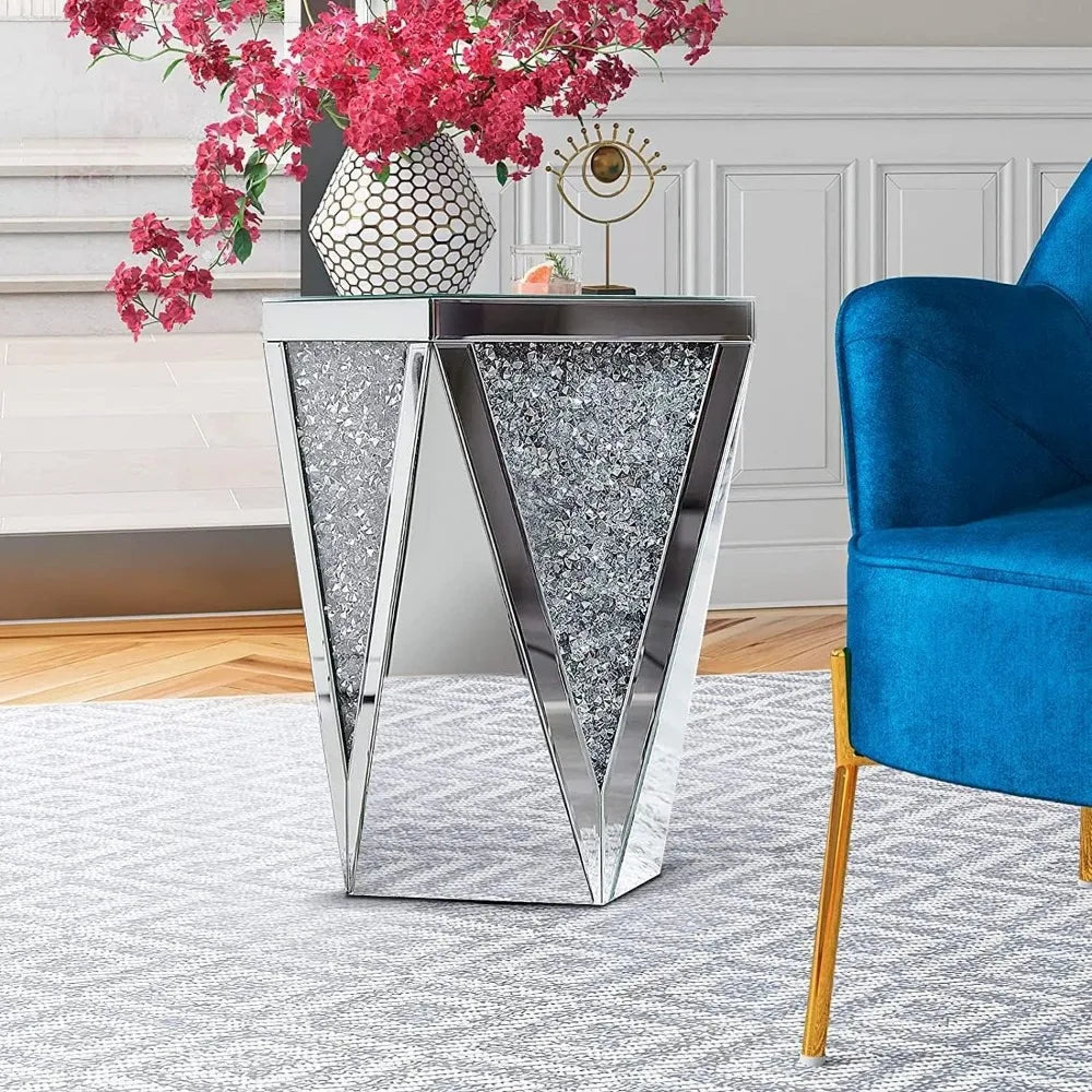 Silver Mirrored End Table with Crystal Inlay – 12” Square Accent Table