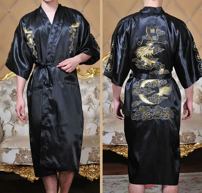 Chinese Style Robe Classical Embroider Dragon Kimono Man Homewear Long Bathrobe Satin Nightgown Loose Sleepwear Loungewear