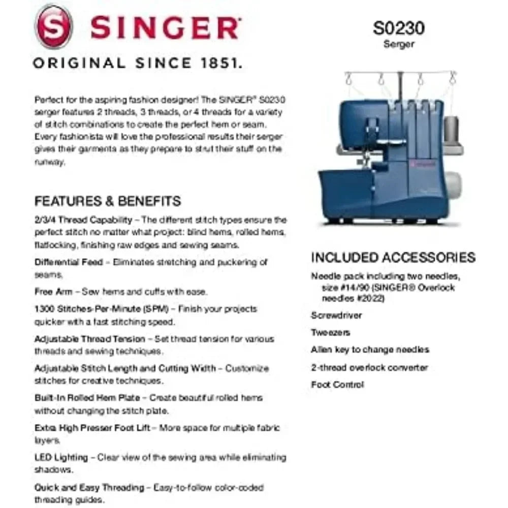 S0230 Serger Overlock Machine With Included Accessory Kit - Heavy Duty Frame - 1300 Stitches Per Min - 4 Thread