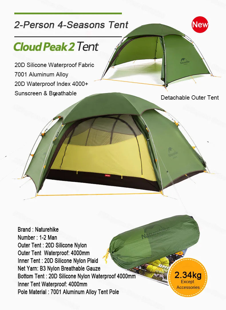 Naturehike Cloud Peak 2 Camping Tent 2-Person 20D Waterproof Ultralight Outdoor Travel Double Layer Tent 4-Season Use