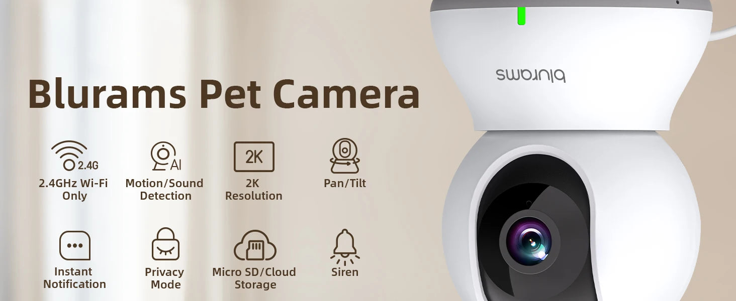 Blurams 2.4GHz WiFi Indoor Camera, 2K, 360° PTZ Pet Dog IP CCTV Camera with Phone App, 2-Way Talk, Night Vision, for Home Securi