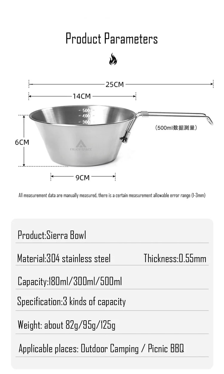 Stainless Steel Sierra Cup Bowl  Sturdy Lightweight Camping Cookware for Camping Backpacking Hiking Travelling