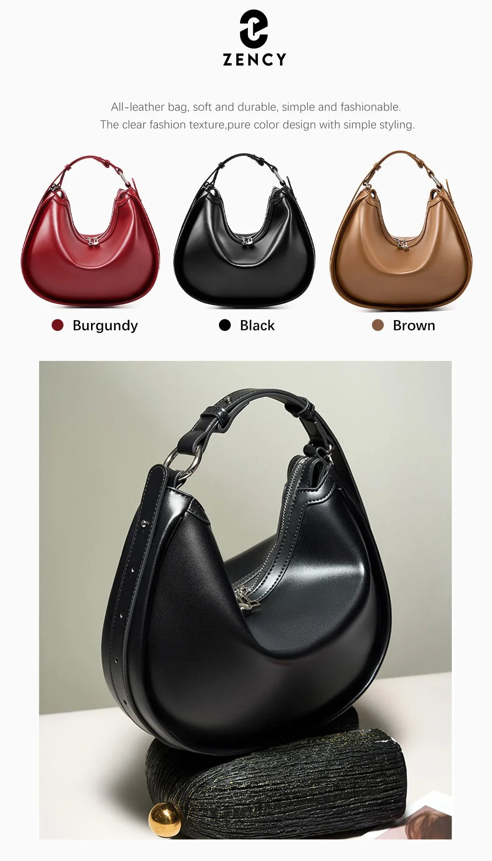 Zency 2024 Designer Bags Hobo Bag For Women Underarm Genuine Leather Shoulder Crossbody Bag High Quality Handbag Birthday Gift