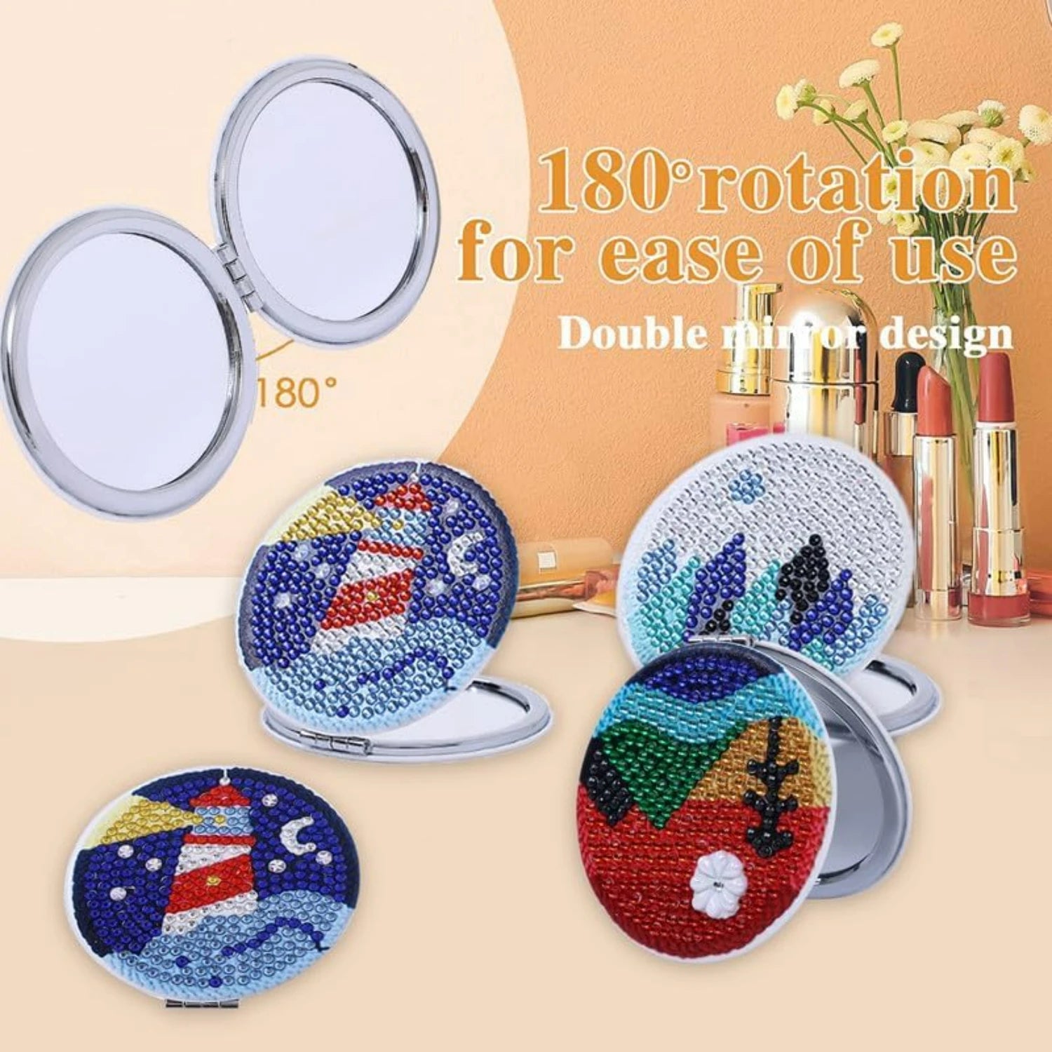 Elegant Hand-Painted Compact Mirror for On-The-Go Touch-Ups - Luxurious Miniature Artwork - Travel-Friendly Beauty Accessory