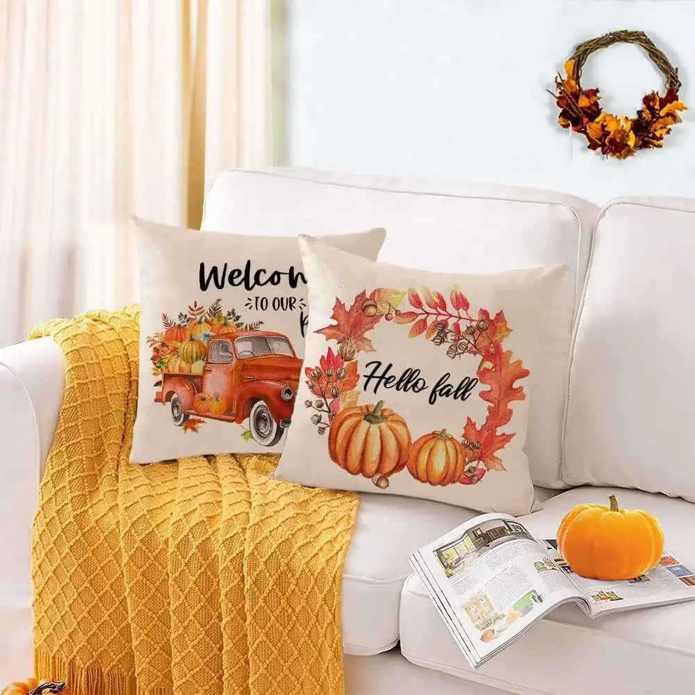 Autumn Pumpkin Cushion Cover Thanksgiving Decor Pillowcase 18x18 Inches Pillow Cover Maple Leaves Printed Cushion Case for Couch