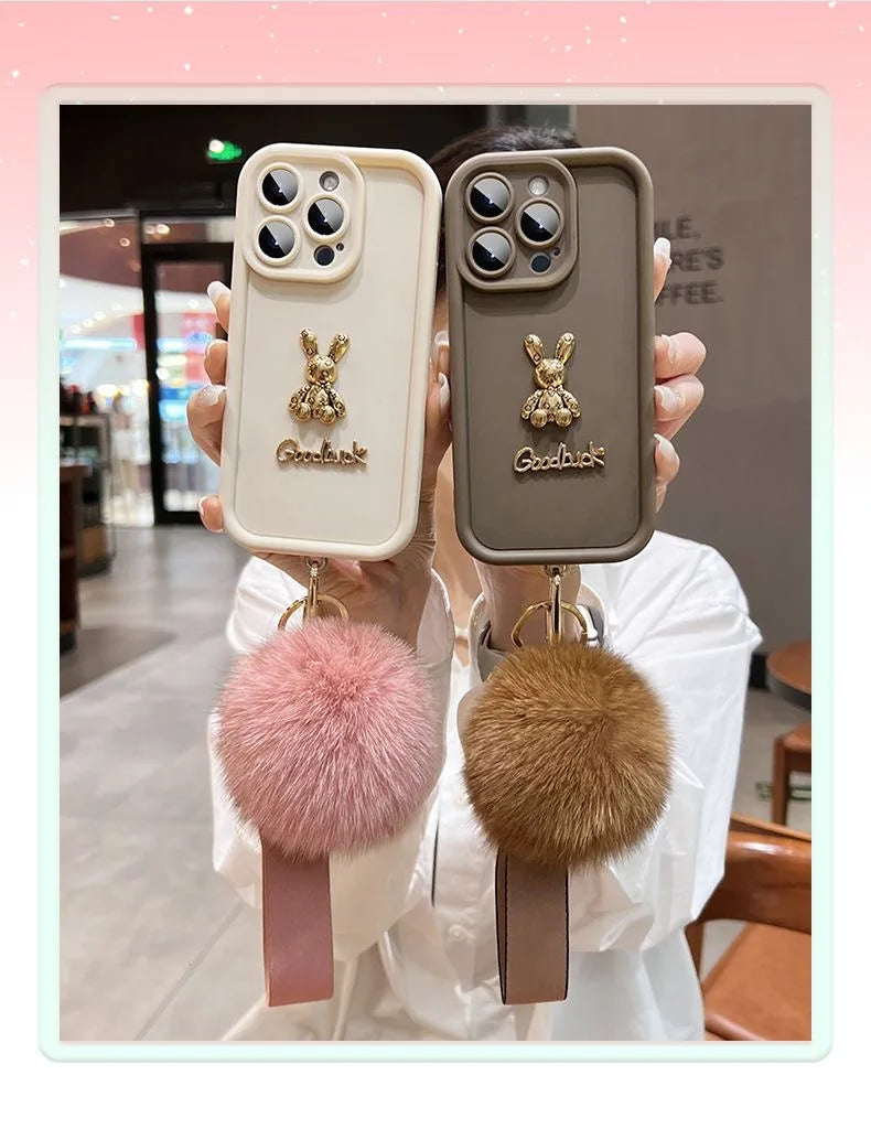 3D Rabbit Phone Case For Samsung Galaxy S24 S23 S22 S21 Ultra Plus FE A52 A32 A53 A13 A33 A52 A34 Plush Wristband Silicone Cover