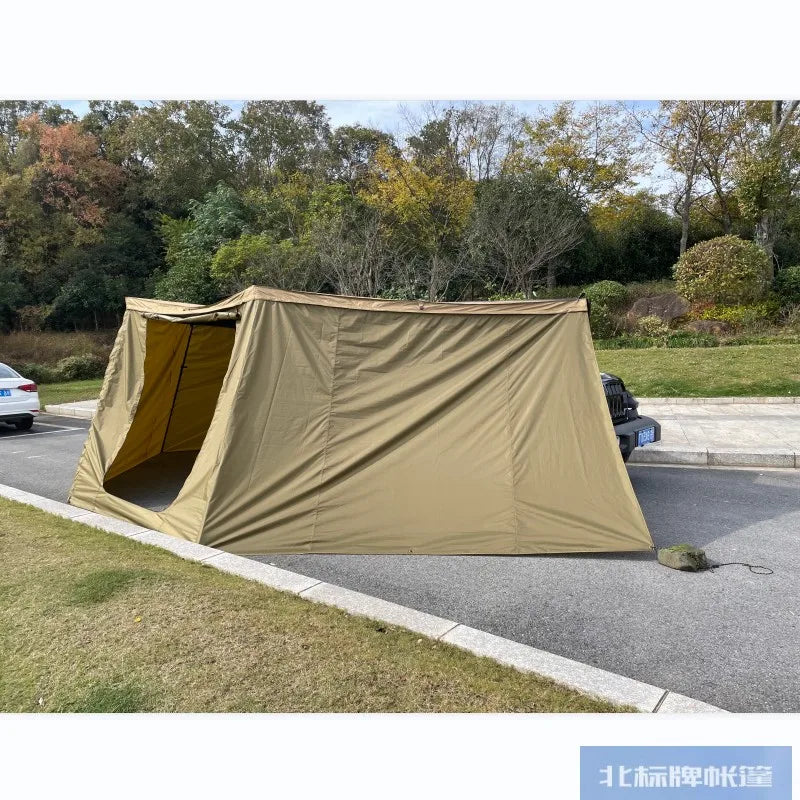 Outdoor self-driving five-angle 270-degree awning with cloth on the top side and double-axis fan-shaped tent with curtain a