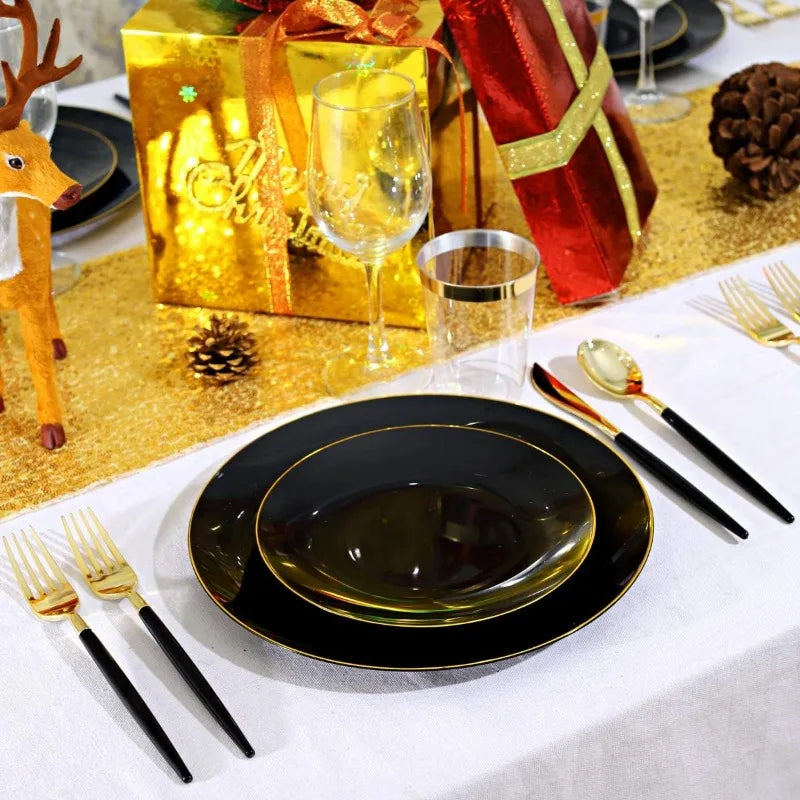 150PCS Black Plastic Plates - Black and Gold Disposable Plates - Premium Heavyweight Gold Plastic Dinnerware