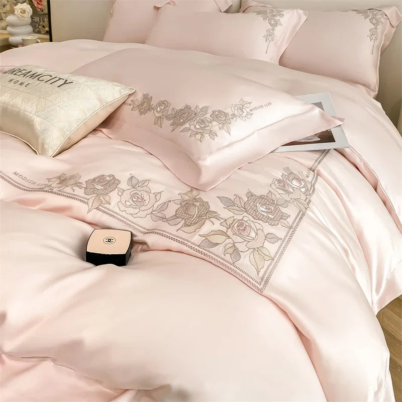 Luxury Embroidery Pure Bamboo Bedding Set Organic Bamboo Duvet Cover Flat Bed Sheet Pillowcase Cooling Bed Linen Queen King Size