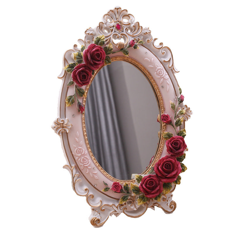 1pc Makeup Mirror Desktop Standing Red Rose European Style Luxurious Mirror for Wedding Gift Home Decorator Large Desk Mirror