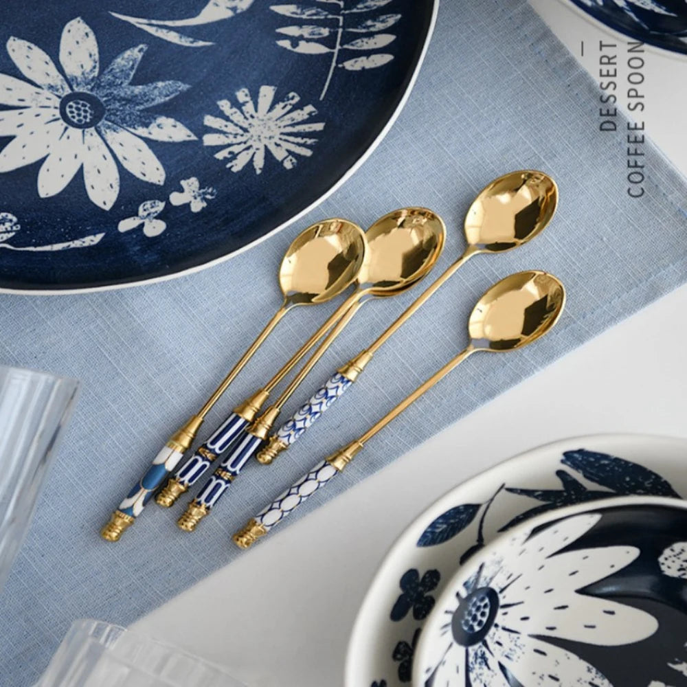 Ceramic Beautiful Easy To Clean Luxurious Design High-quality Versatile Gold-plated Tableware Utensils Long Handle Premium Sleek