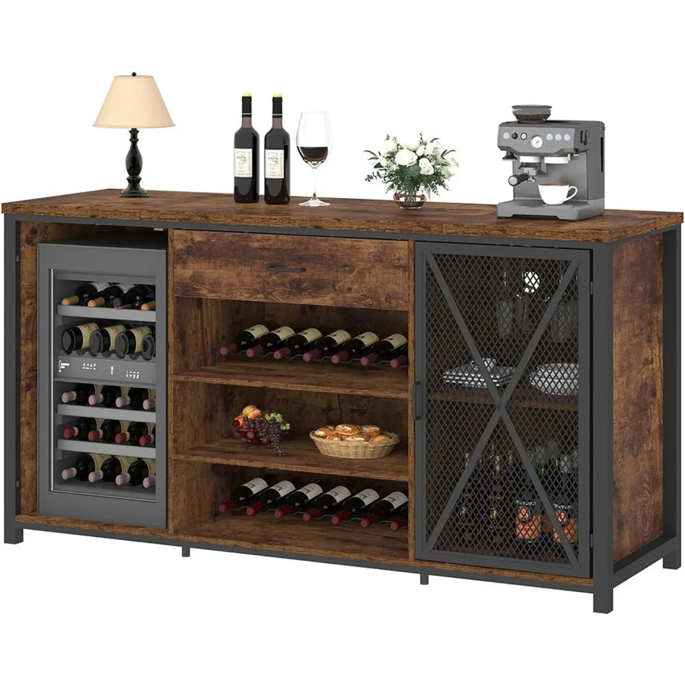 Large Bar Cabinet with Fridge Space, Rustic Long Liquor Cabinet with Drawer Storage, Farmhouse Wood Metal Wine Cabinet with