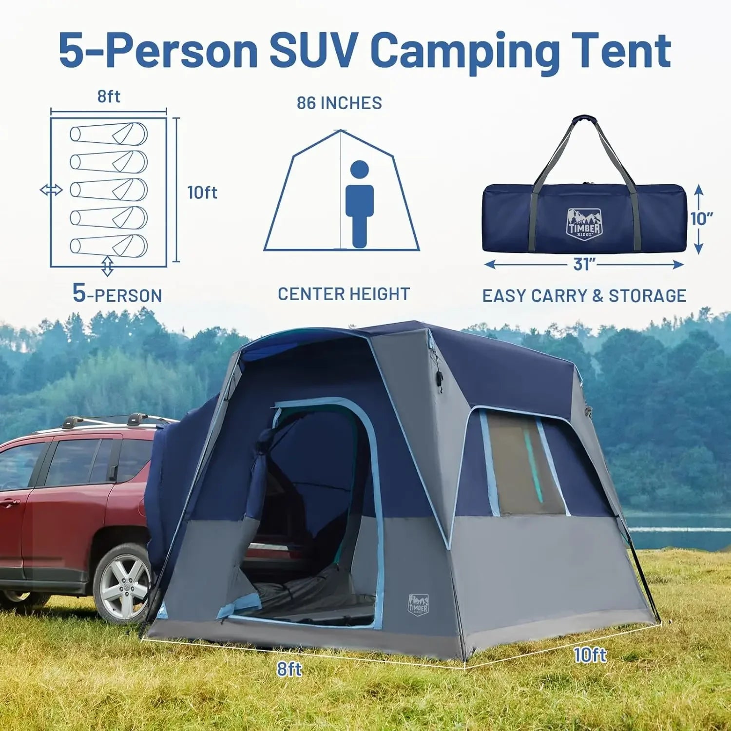 TIMBER RIDGE 5 Person SUV Tent with Movie Screen Weather Resistant Portable for Car SUV Van Camping, Includes Rainfly and Storag