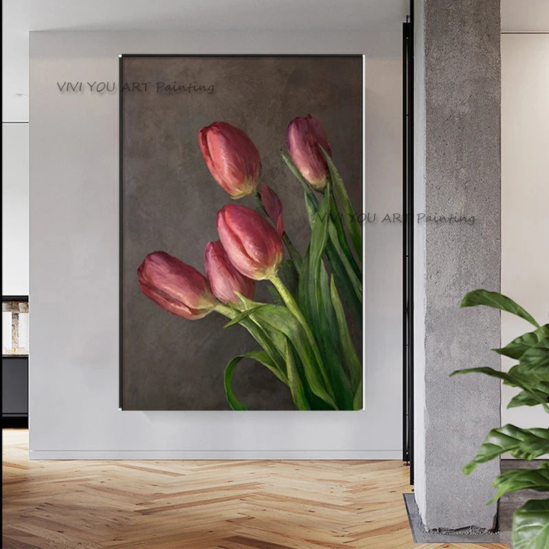 The New Handmade Flora Oil Painting On Canvas Creative Pink Tulip Wall Art Red Flower Oil Picture For Living Room Decoration