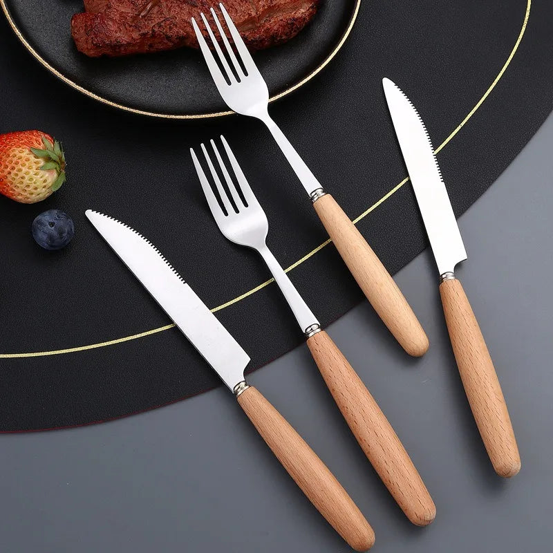 Kitchen Supplie Stainless Steel Marbled Wood Handle Knife, Fork and Spoon 5 Piece Deluxe Premium Steak and Dessert Cutlery Set