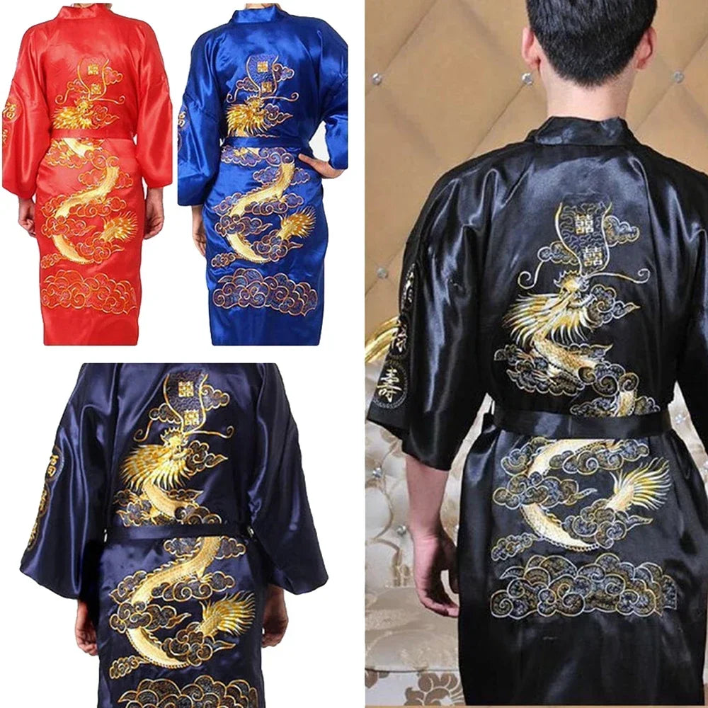 Silk Kimono Bathrobe, Chinese Dragon Design, Men's Sleepwear Gown, Satin Fabric, Navy Blue/Red/White/Black/Blue