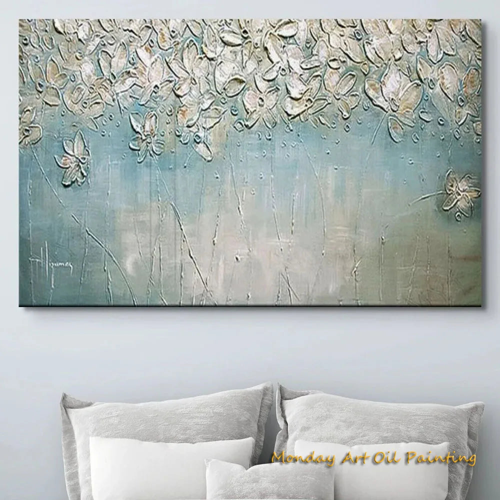 Handnade 3d Knife Oil Painting Textured Wild Flower Large Blue White Abstract Home Accent Piece Hotel Wall Statement Decor