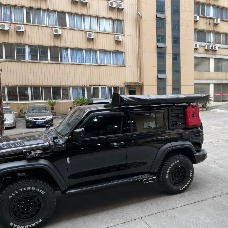 Outdoor self-driving five-angle 270-degree awning with cloth on the top side and double-axis fan-shaped tent with curtain a