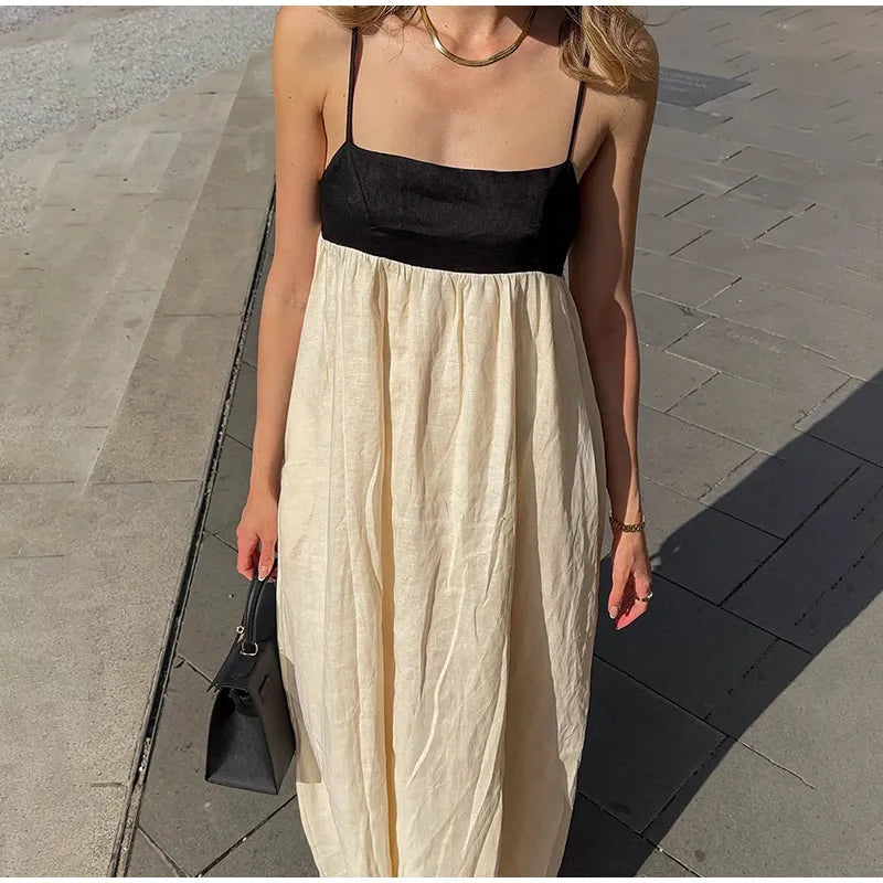 Contrast Splicing Loose Sling Long Dresses Women Square Collar Sleeveless Backless High Waist Dress 2024 Summer Lady Street Robe