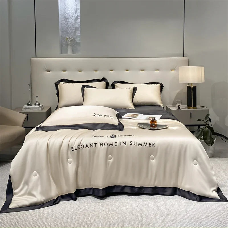 Luxury European Style Ice Silk Summer Quilt Set High-end Embroidered Cooling Blanket 4/3/1 Pcs Sets  Air Conditioning Comforter