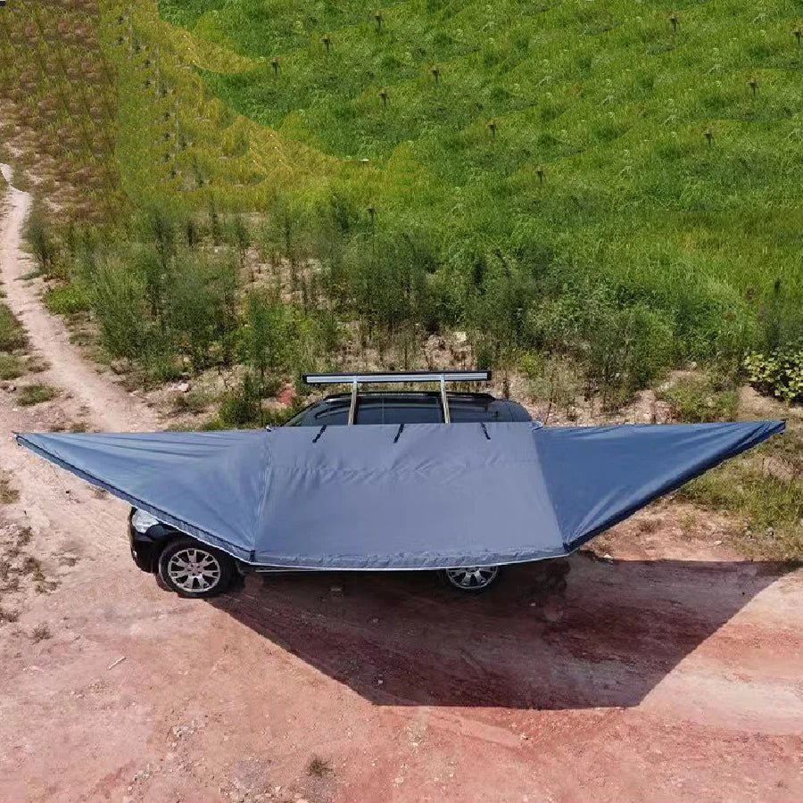 Outdoor self-driving five-angle 270-degree awning with cloth on the top side and double-axis fan-shaped tent with curtain a