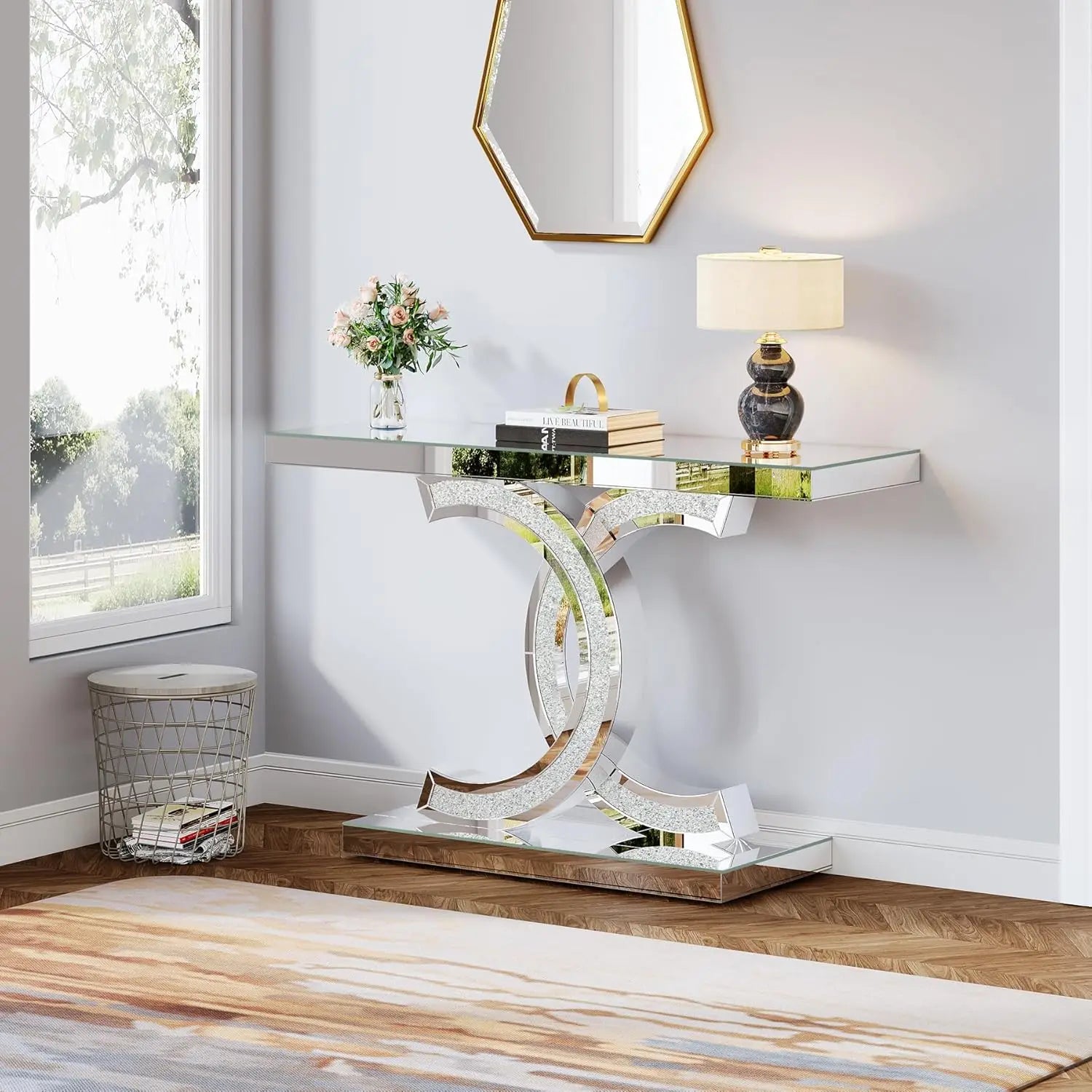 Mirrored Console Table with Crystal Inlays – Modern Silver Entryway Table