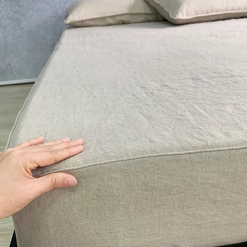 100% Linen Fitted Sheet Stone Washed Solid Color 1Piece Deep Pocket Mattress Cover Natural Soft and Breathable Farmhouse Bedding