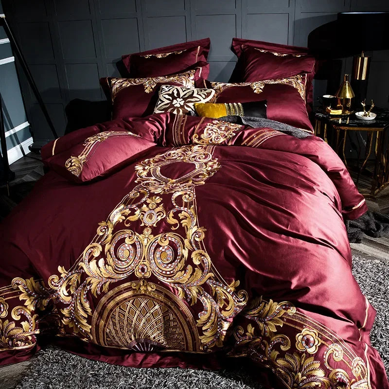 Luxury Gray Red 1000TC Satin Egyptian Cotton Bedding set Gold Royal Embroidery Queen King Duvet Cover Bed Linen/sheet Pillowcase