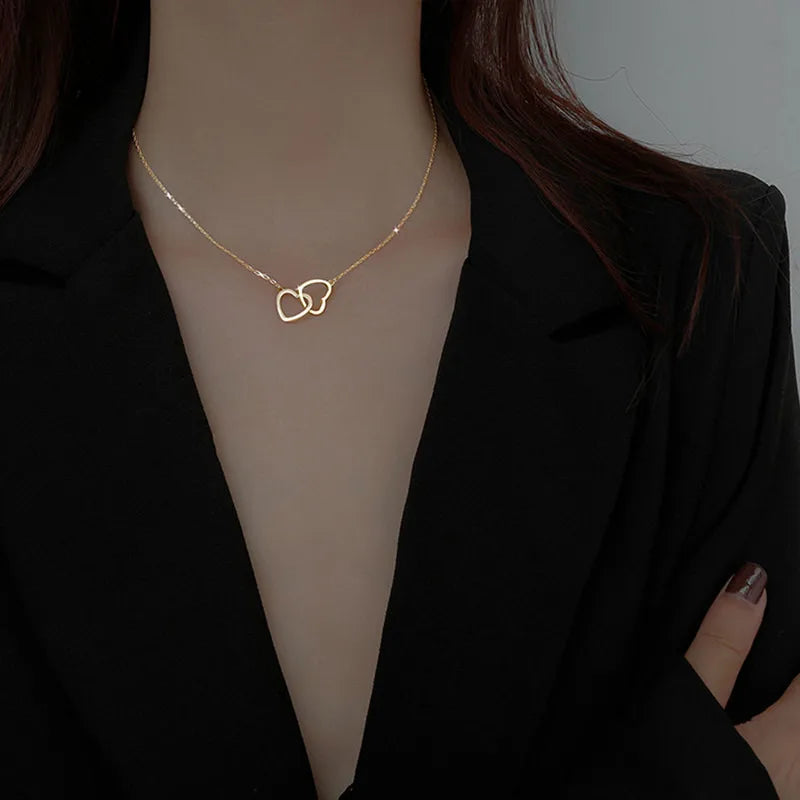 Simple Double Heart Pendant Necklace for Women Couple Zinc Alloy Choker Gold Color Chain Wedding Party Friends Jewelry Gift