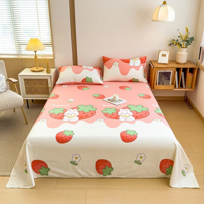 3Pcs Cartoon Strawberry Rabbit Cotton Bed Sheet Set Kawaii Style Bedroom Decor Flat Sheet High Quality Thickened Bedding Set