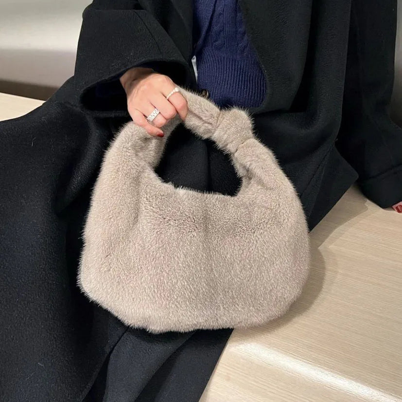 Designer Real Mink Fur Handbag Women's Soft Real Fur Weaving Knotting Handbags Women Party Evening Handbag Ladies Bag Real Fur