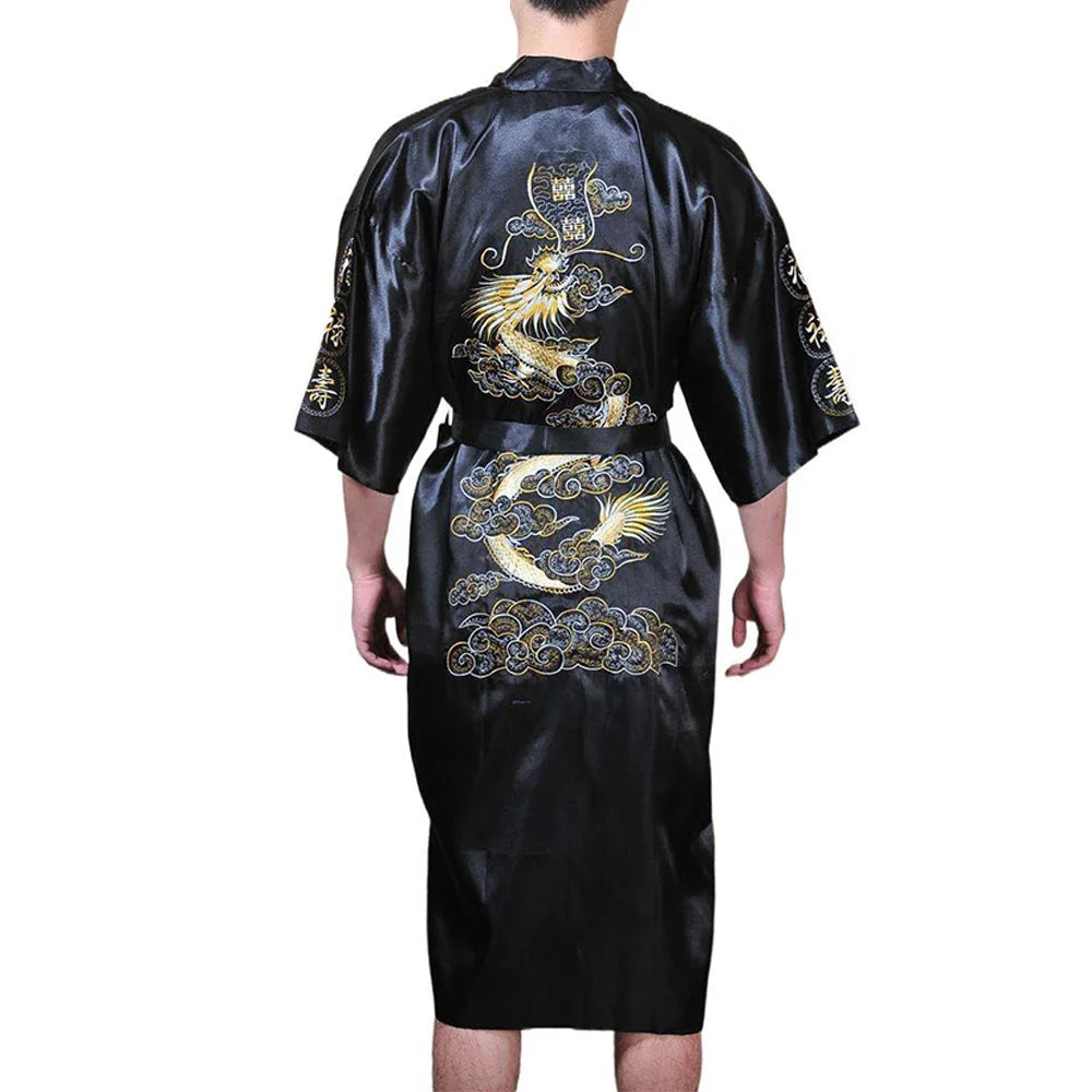 Silk Kimono Bathrobe, Chinese Dragon Design, Men's Sleepwear Gown, Satin Fabric, Navy Blue/Red/White/Black/Blue