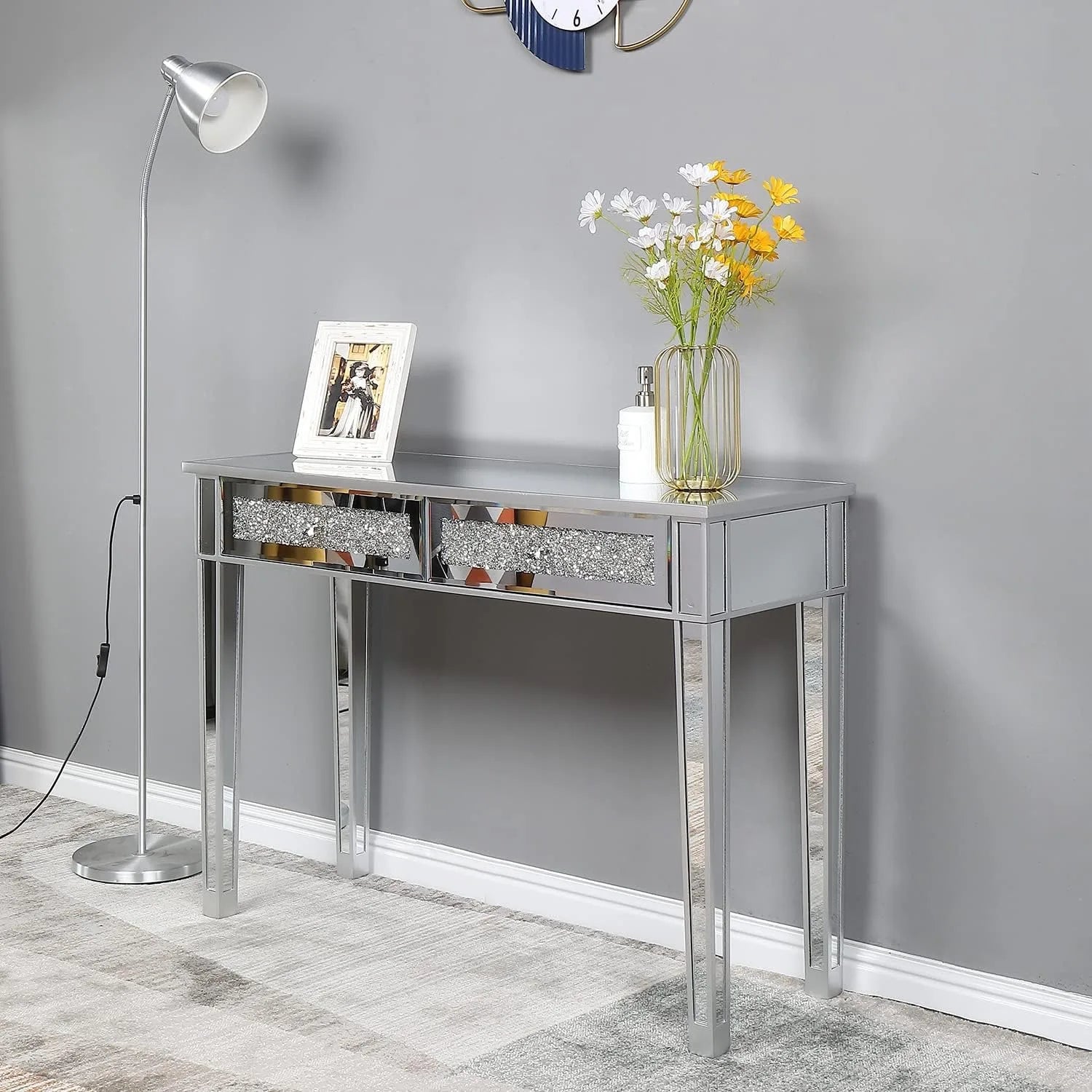 Silver Mirrored Console Table with Crystal Inlay – 42"