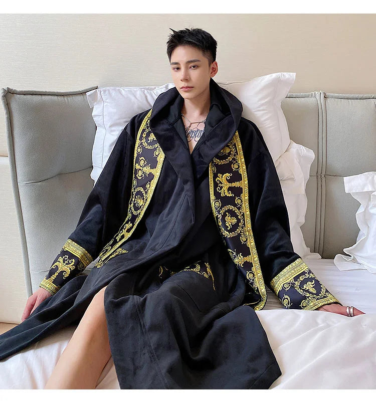 IEFB Winter Thickened Comfortable Velvet Light Luxury Hooded Long Nightgown Men's Fashion Robes Belted Warm Clothes 9Y9924