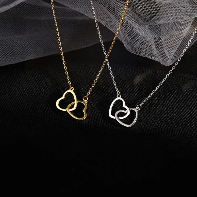 Simple Double Heart Pendant Necklace for Women Couple Zinc Alloy Choker Gold Color Chain Wedding Party Friends Jewelry Gift