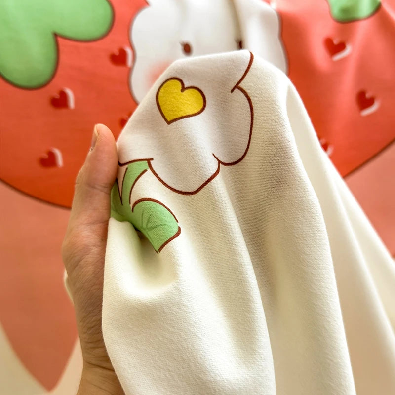 3Pcs Cartoon Strawberry Rabbit Cotton Bed Sheet Set Kawaii Style Bedroom Decor Flat Sheet High Quality Thickened Bedding Set