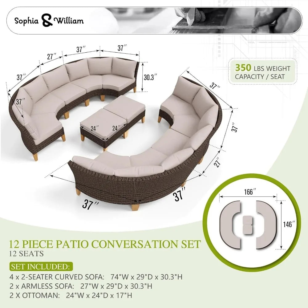 12 Pieces Patio Furniture Sets with 4 X Curved Sofa, 2X Armless Sofa, 2 X Ottoman, Oversized Half-Moon Patio Furniture Set