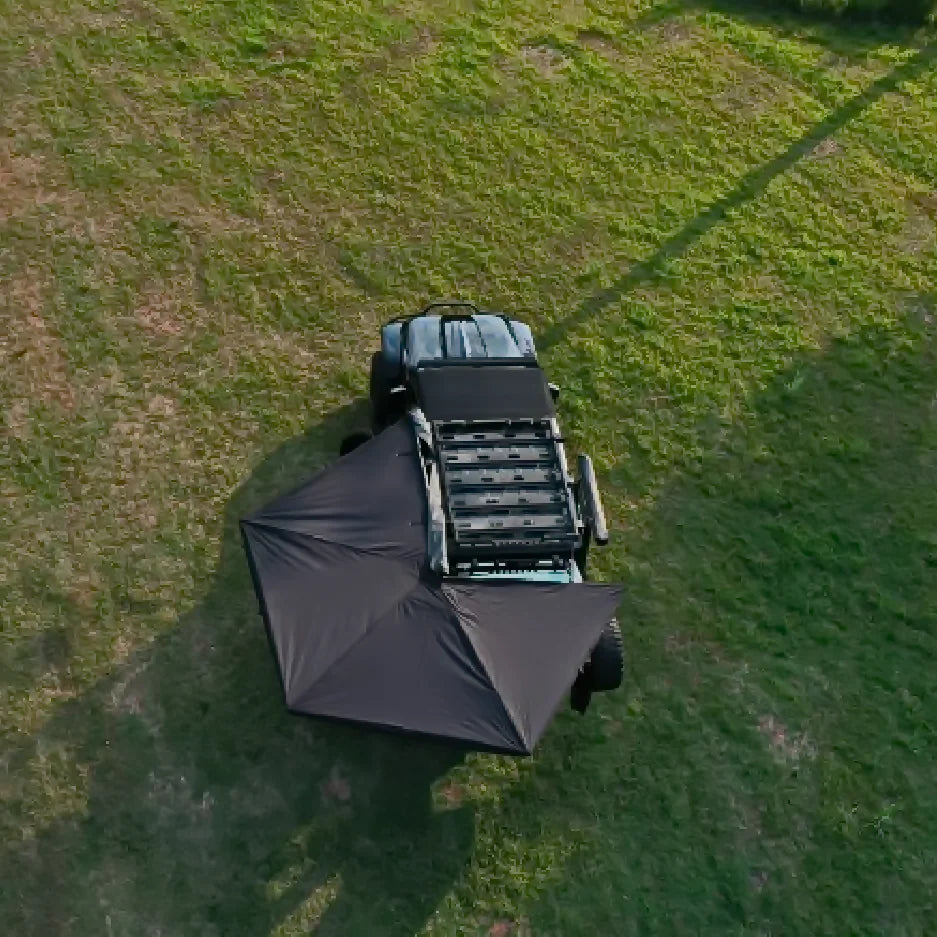 Outdoor self-driving five-angle 270-degree awning with cloth on the top side and double-axis fan-shaped tent with curtain a