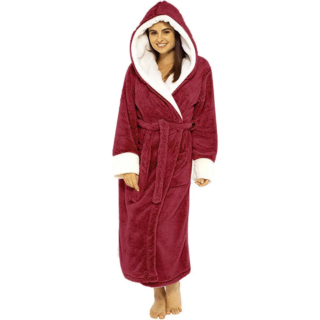 Women'S Long Bathrobe Soft Comfortable Flannel Nightgown With Belt Autumn And Winter Solid Color Fleece Hooded Bathrobe 2024