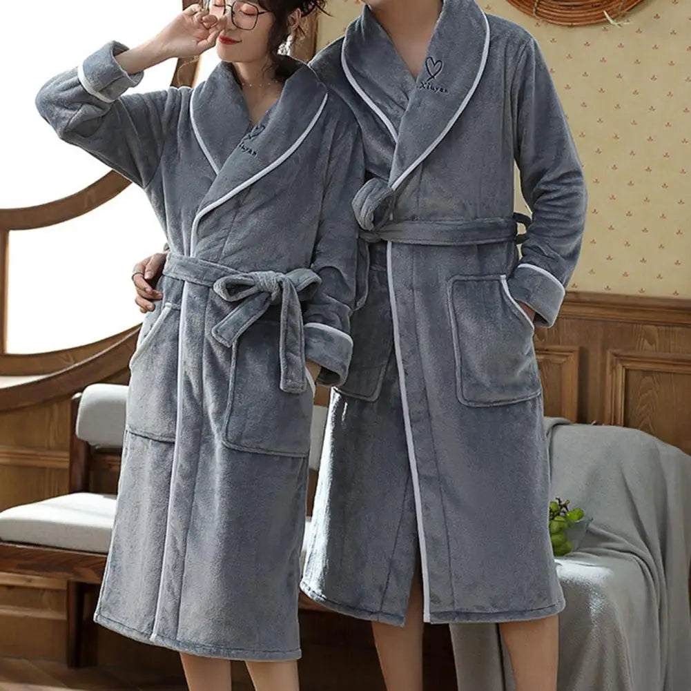 Autumn Winter Men Home Pajamas Super Soft Solid Color Pocket Design Couple Bathrobe Cozy Highly Absorbent Unisex Sleepwear