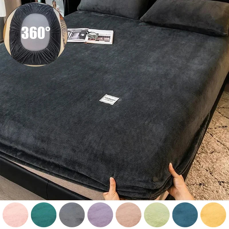 1PC Soft Warm Plush Fitted Sheet Elastic Mattress Cover Fluffy Coral Fleece Bed Linen Winter Couple Luxury Double Bed Bedding