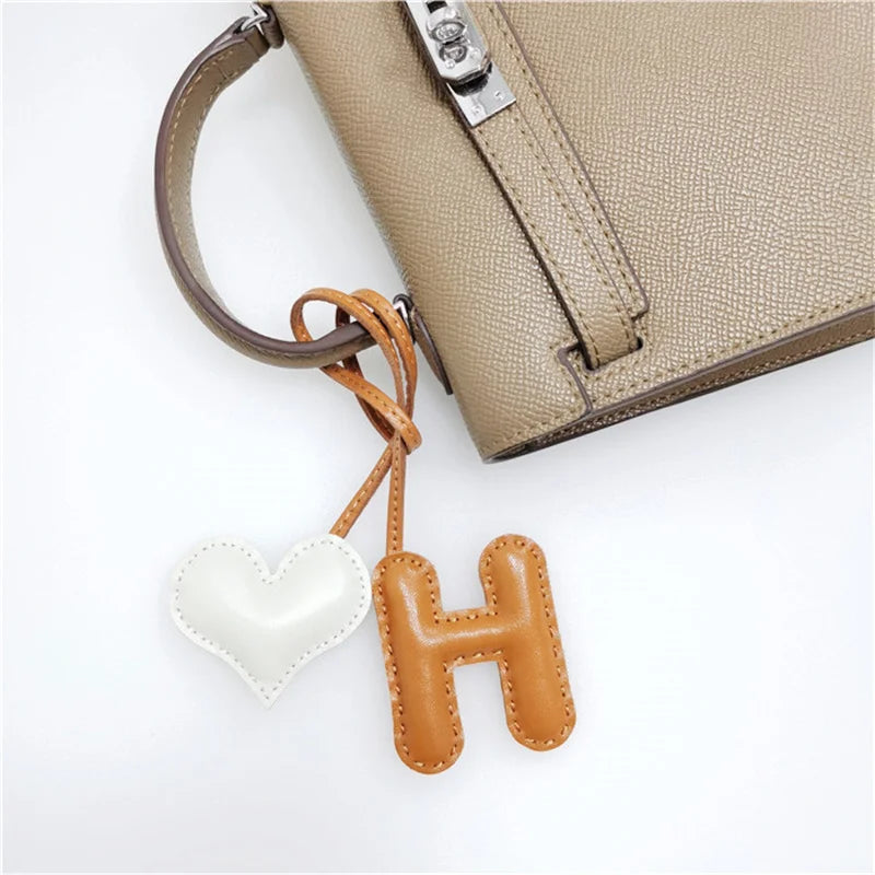 M H W A Y Heart Luxury Genuine Leather English Letter Keychain For Car Backpack Pendant Key Chain Women Bag Charm Accessories