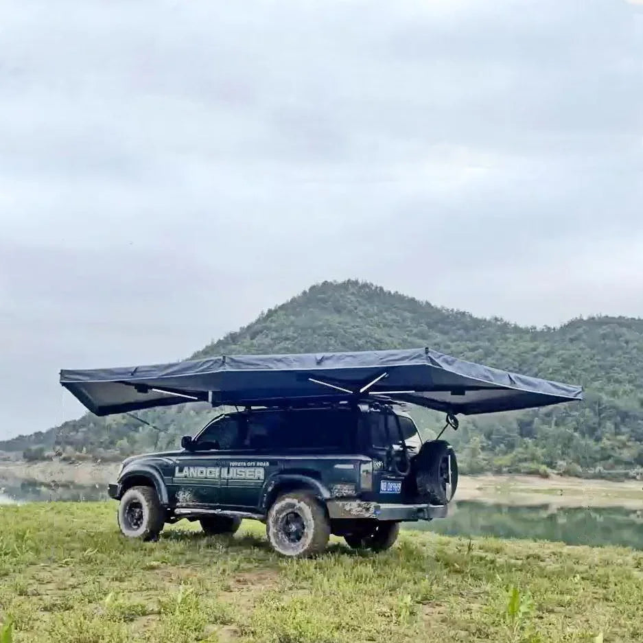 Outdoor self-driving five-angle 270-degree awning with cloth on the top side and double-axis fan-shaped tent with curtain a