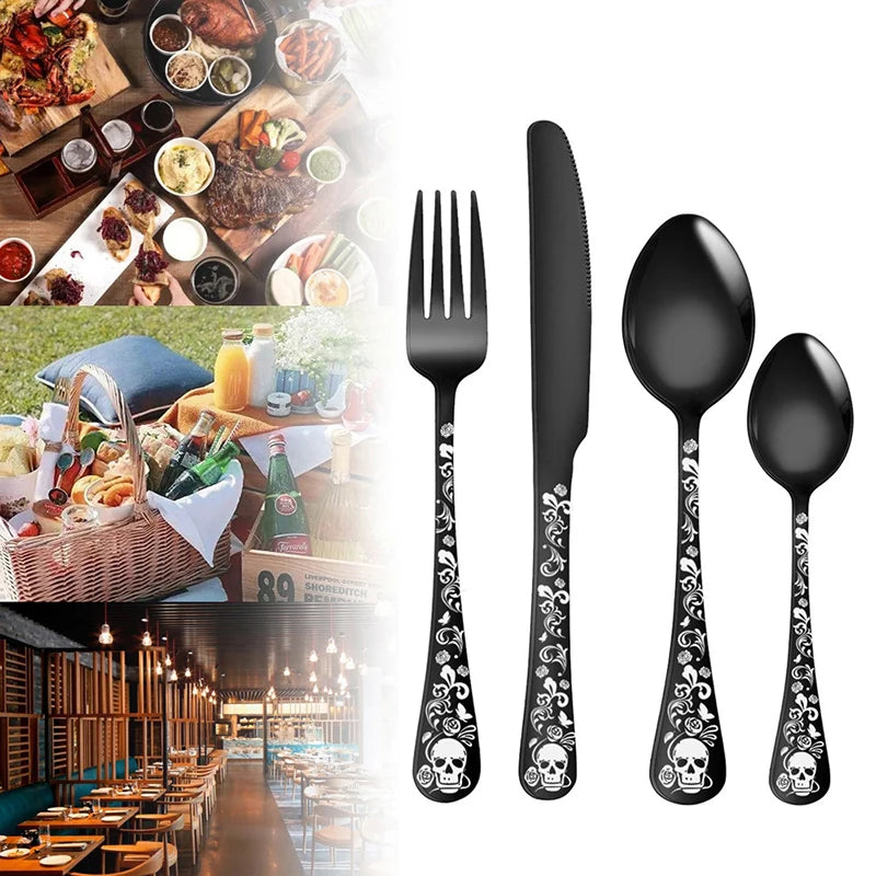 Stainless Steel Halloween Flatware Set Stainless Steel Skull Pattern Eating Utensils 4pcs Portable Kitchen Forks And Spoons