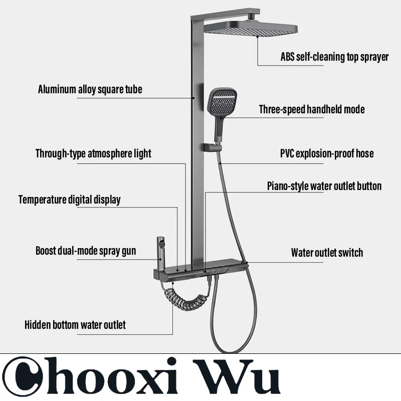 CHOOXIWU-Bathroom Luxury Shower System with Lights Tempered Glass Piano Key Smart Digital Display Thermostat Mixer Shower Faucet