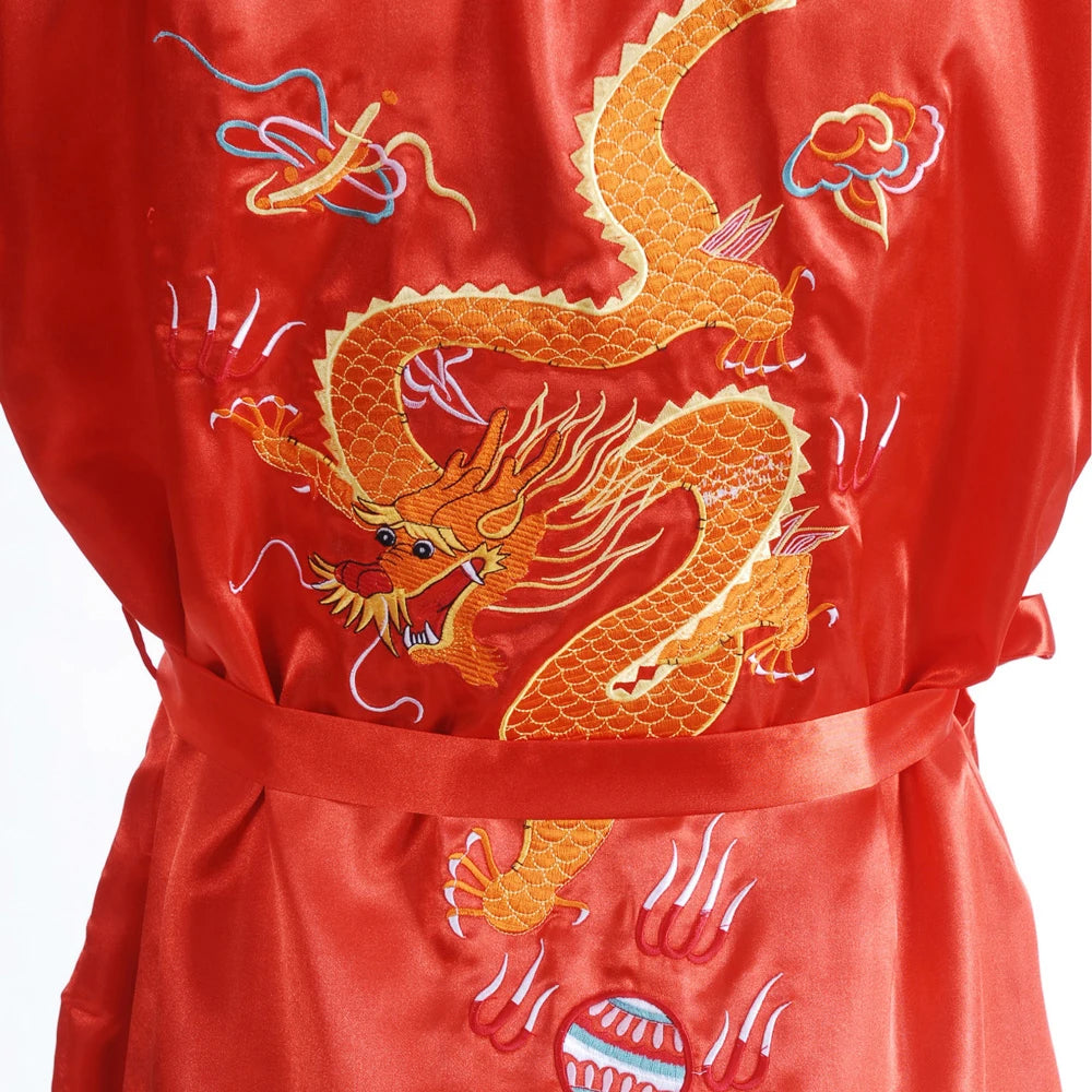 Satin Sleepwear Gown for Men, Chinese Dragon Design, Silk Kimono Bathrobe, M 2XL, Available in Multiple Colors