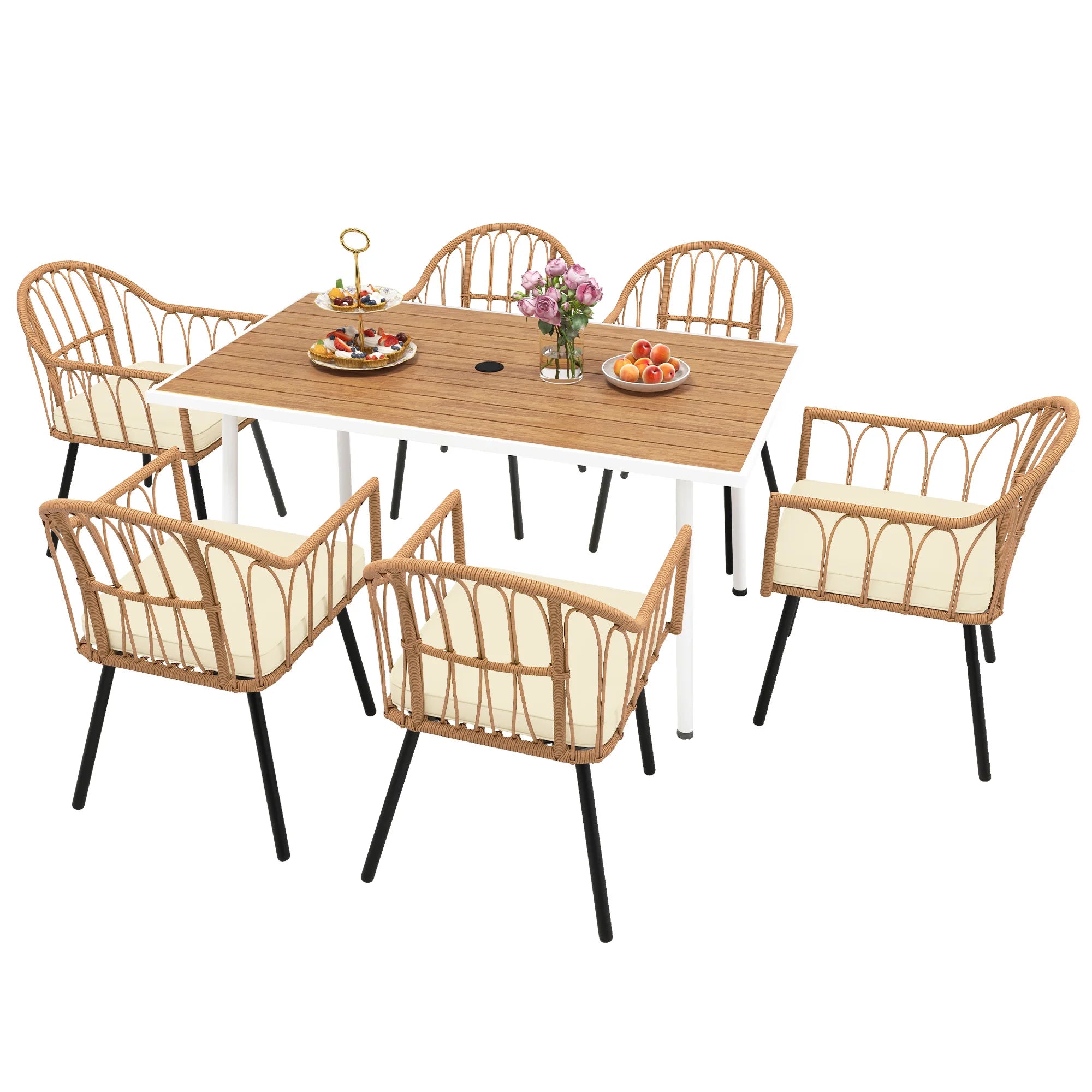 7 PCS Outdoor Dining Set Patio Rattan Wicker Furniture for Backyard Porch Garden Weather-Resistant